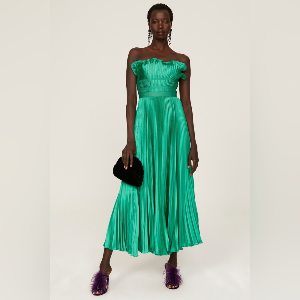 AMUR Giada Dress, Green Satin Pleated, Size 2 - Picture 5 of 7